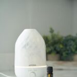 White essential oil diffuser and bottle on counter with houseplants creating a serene atmosphere.